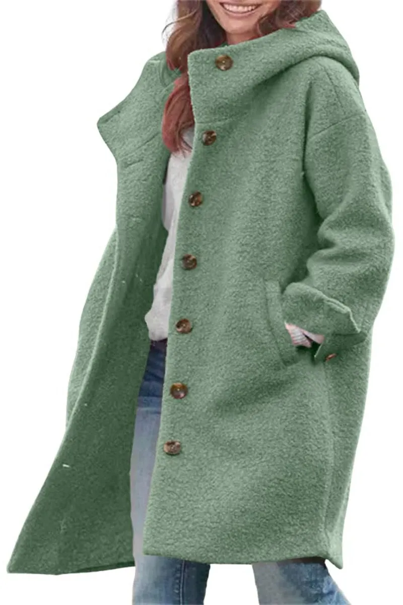 Chouyatou Women's Winter Single Breasted Long Wool Coat with Hood Casual Wool Blend Trench Coat Jacket