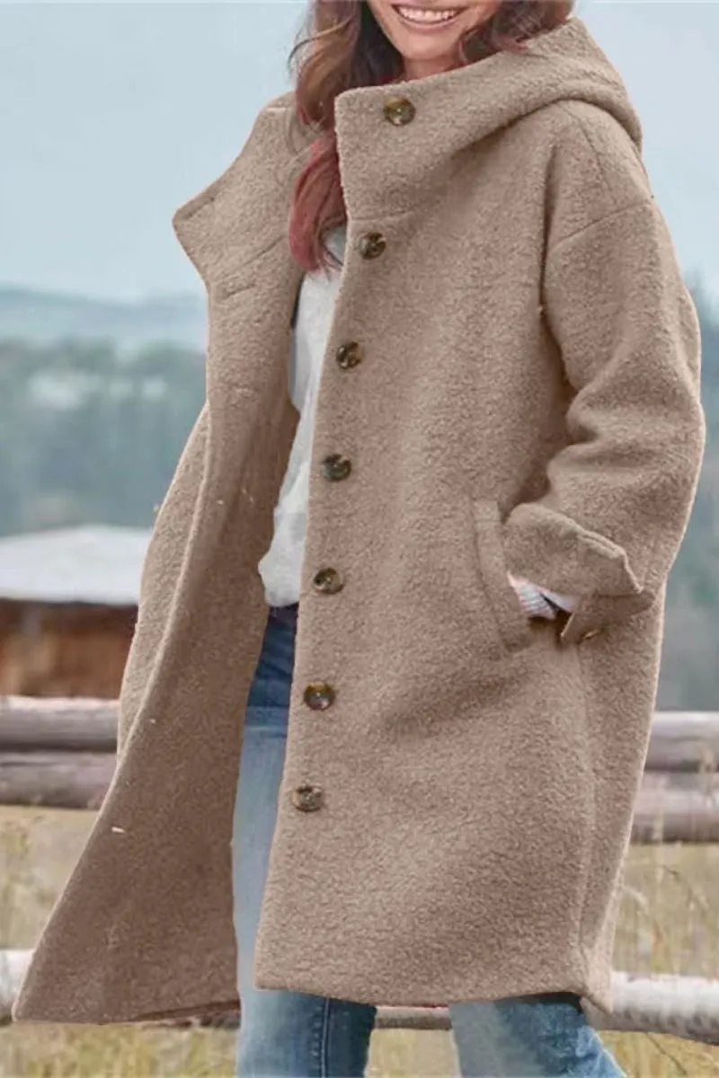 Chouyatou Women's Winter Single Breasted Long Wool Coat with Hood Casual Wool Blend Trench Coat Jacket