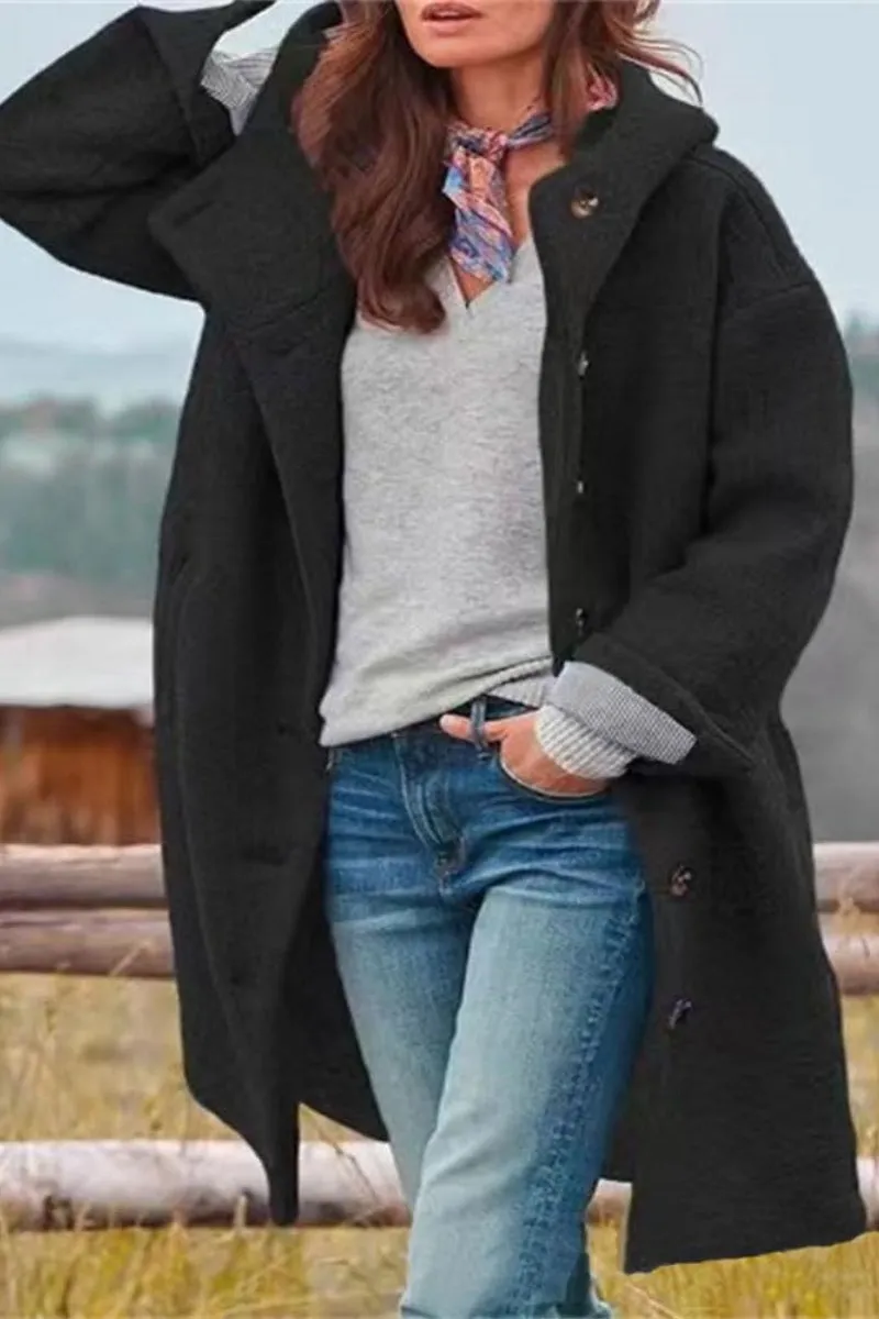 Chouyatou Women's Winter Single Breasted Long Wool Coat with Hood Casual Wool Blend Trench Coat Jacket