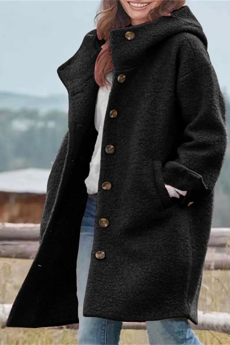 Chouyatou Women's Winter Single Breasted Long Wool Coat with Hood Casual Wool Blend Trench Coat Jacket
