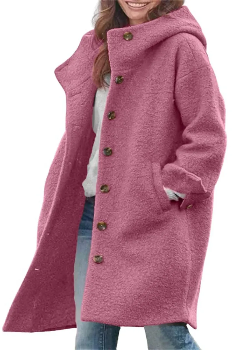 Chouyatou Women's Winter Single Breasted Long Wool Coat with Hood Casual Wool Blend Trench Coat Jacket