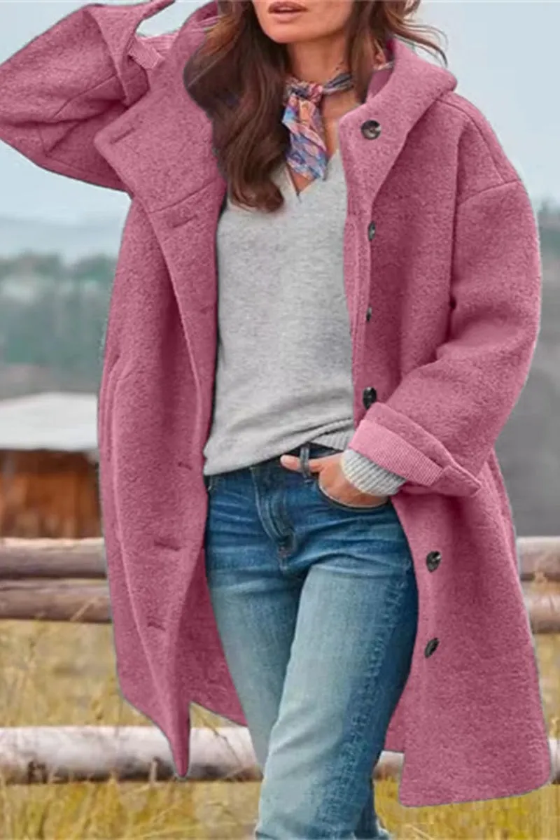 Chouyatou Women's Winter Single Breasted Long Wool Coat with Hood Casual Wool Blend Trench Coat Jacket