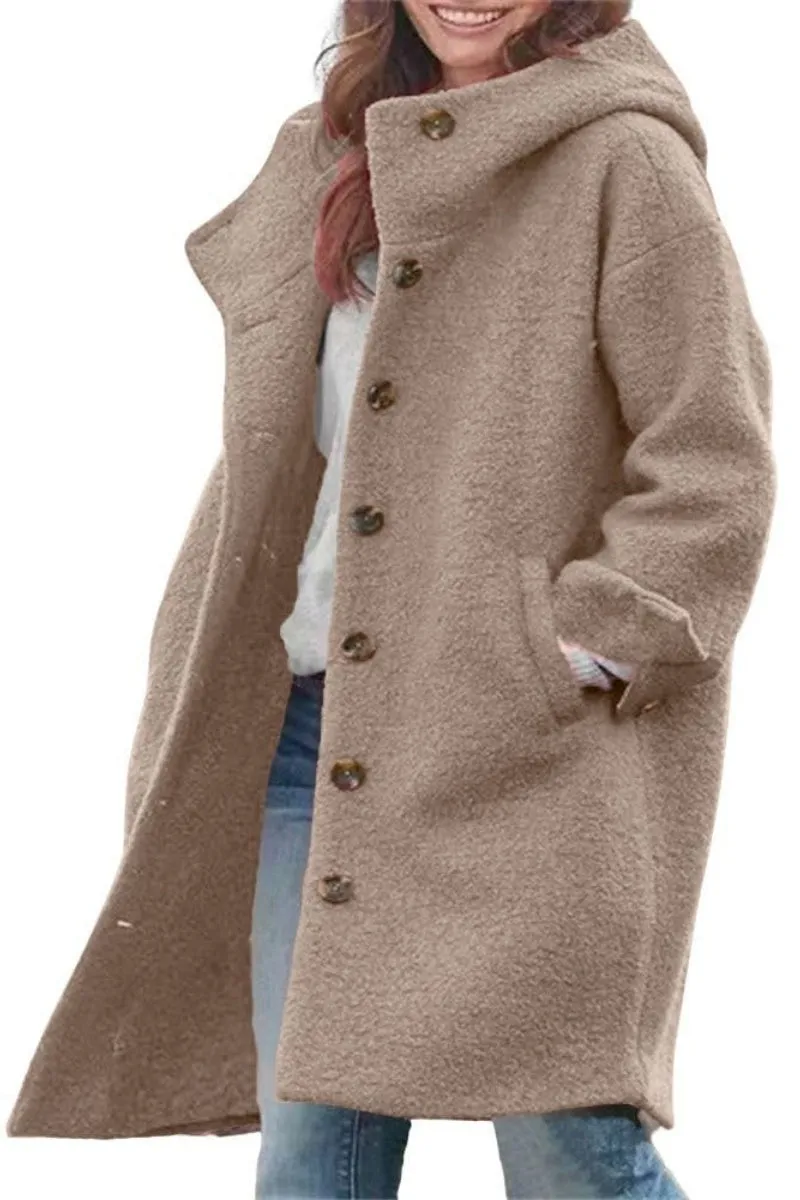 Chouyatou Women's Winter Single Breasted Long Wool Coat with Hood Casual Wool Blend Trench Coat Jacket