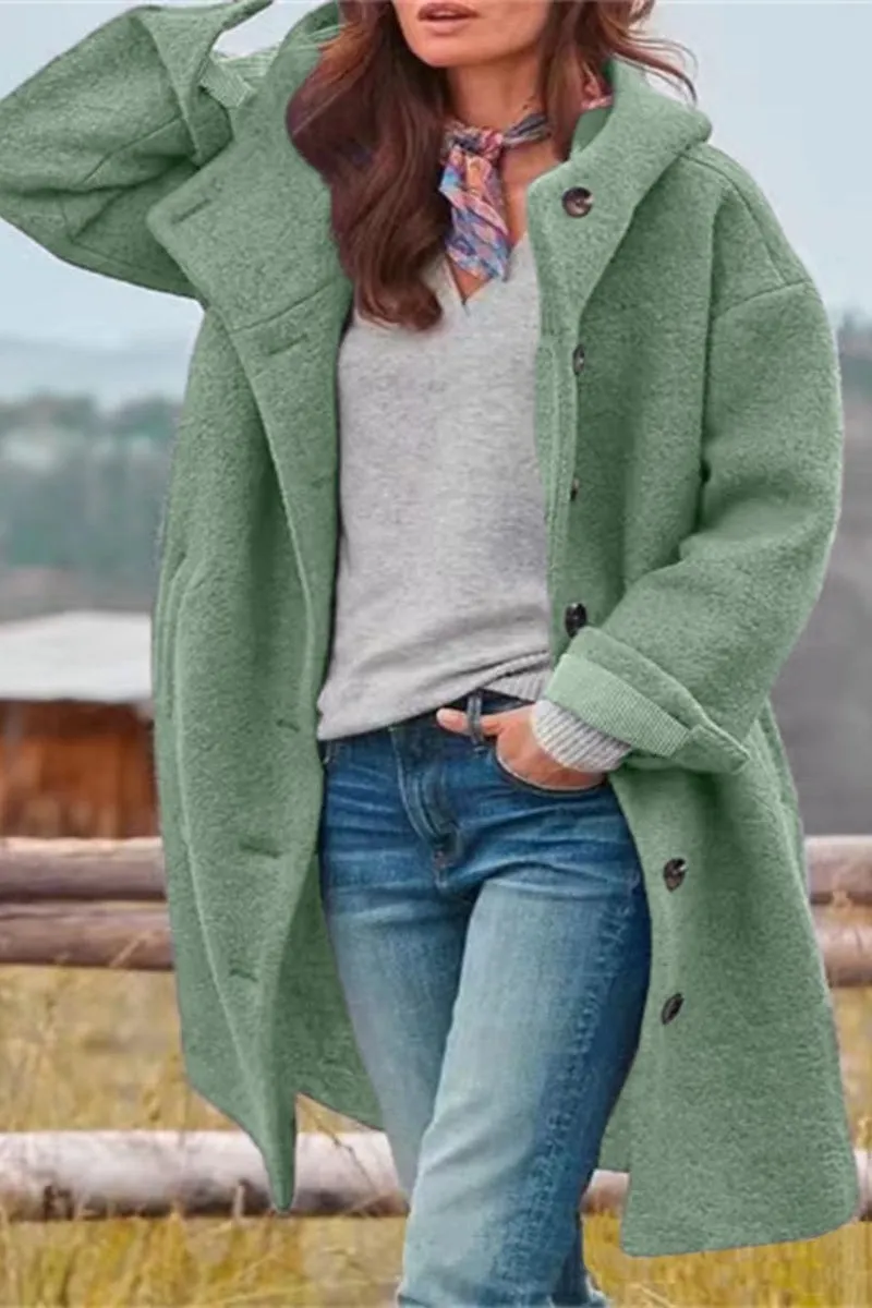 Chouyatou Women's Winter Single Breasted Long Wool Coat with Hood Casual Wool Blend Trench Coat Jacket