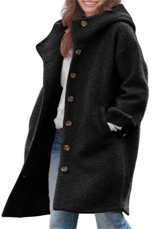 Chouyatou Women's Winter Single Breasted Long Wool Coat with Hood Casual Wool Blend Trench Coat Jacket