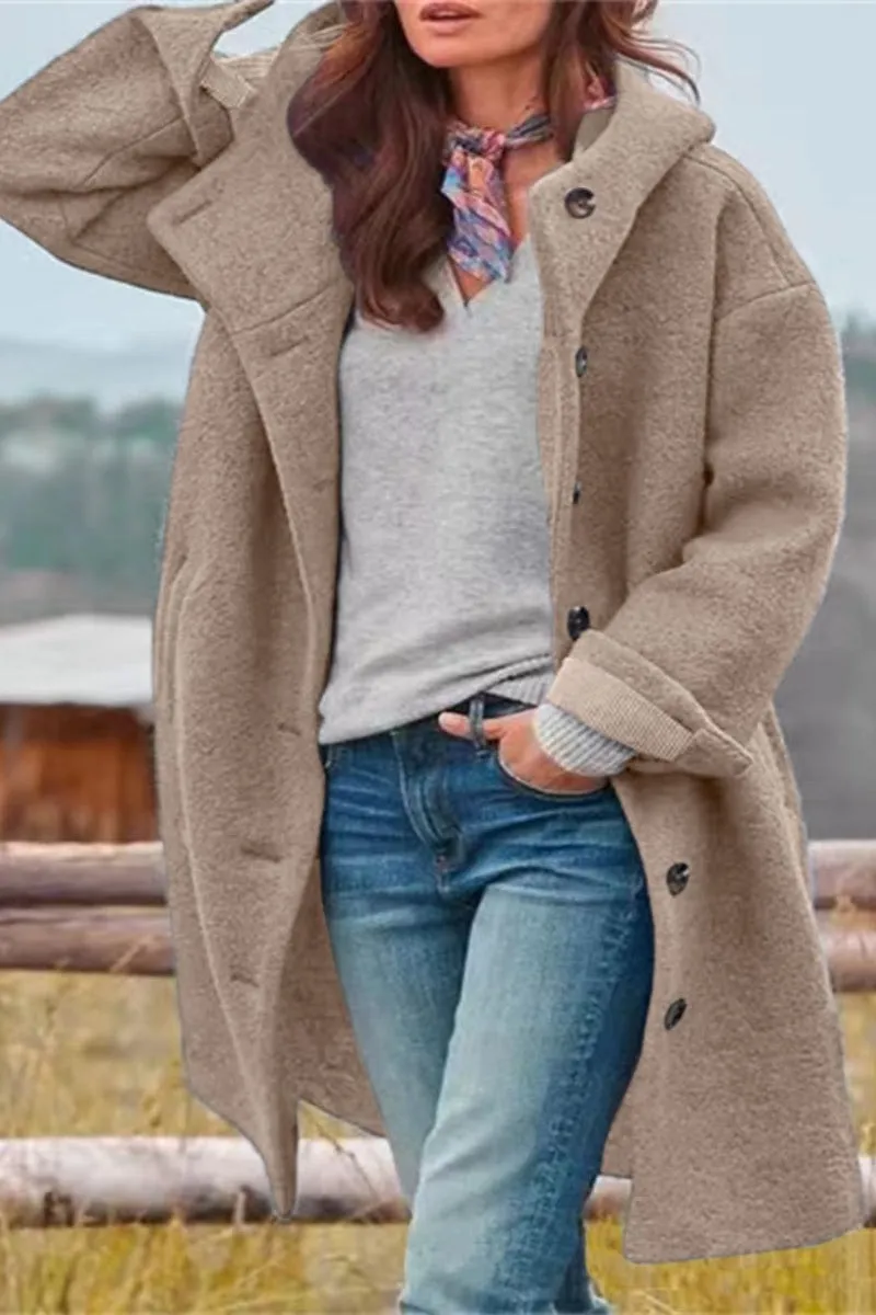 Chouyatou Women's Winter Single Breasted Long Wool Coat with Hood Casual Wool Blend Trench Coat Jacket