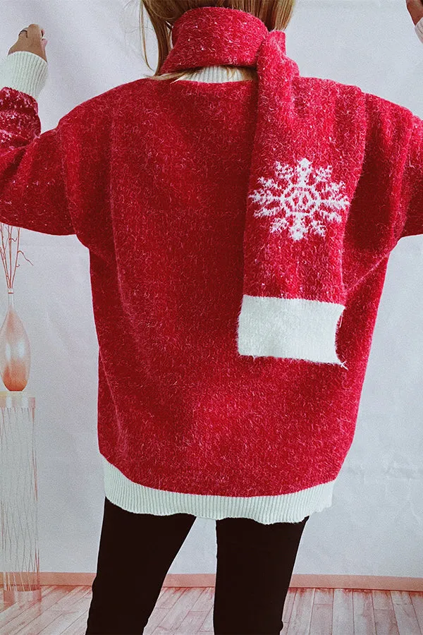 Christmas Pattern Knitted Round Tie Scarf Long Sleeve Sweater