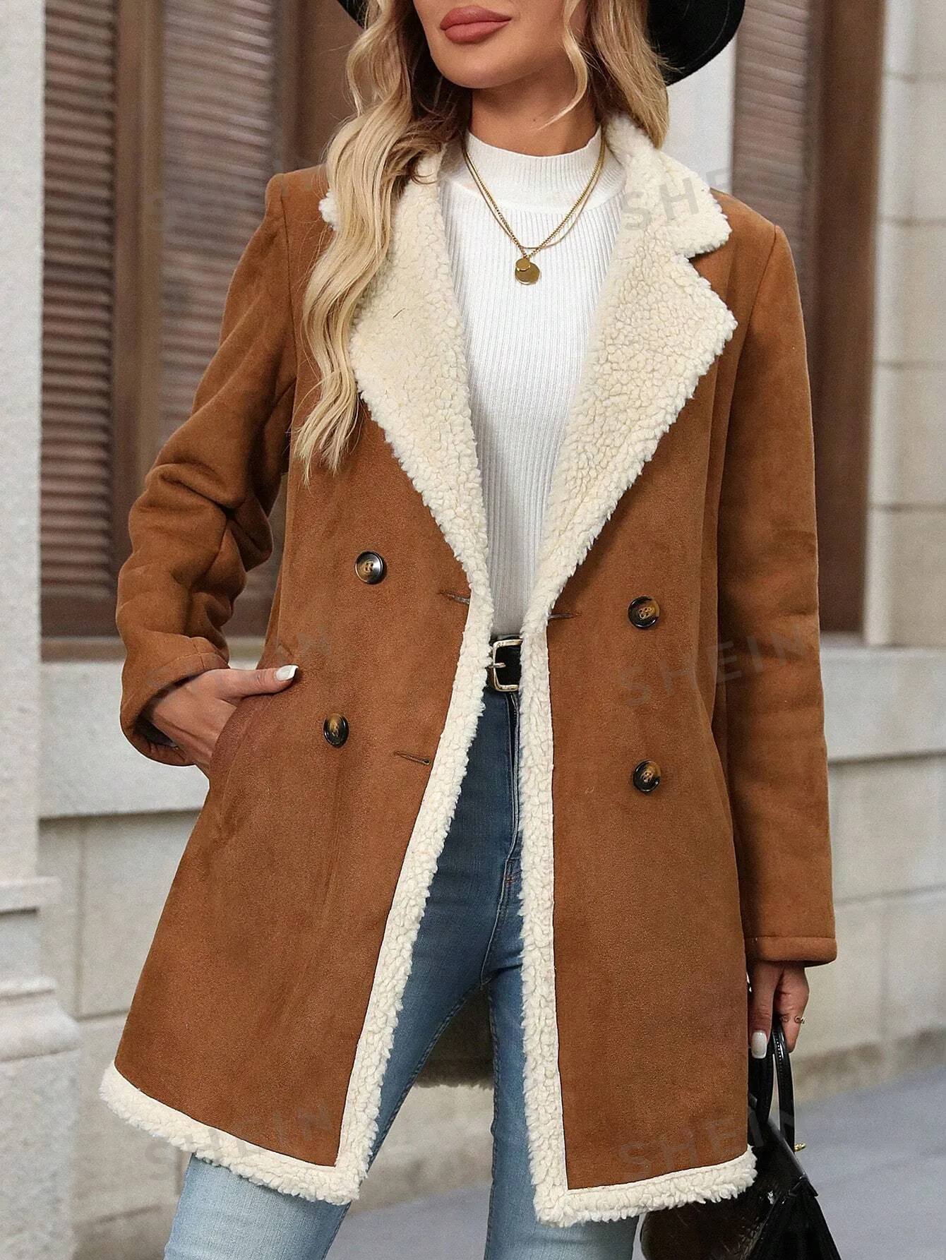 Clasi Women's Faux Fur Patchwork Front Button Simple Casual Regular Jacket