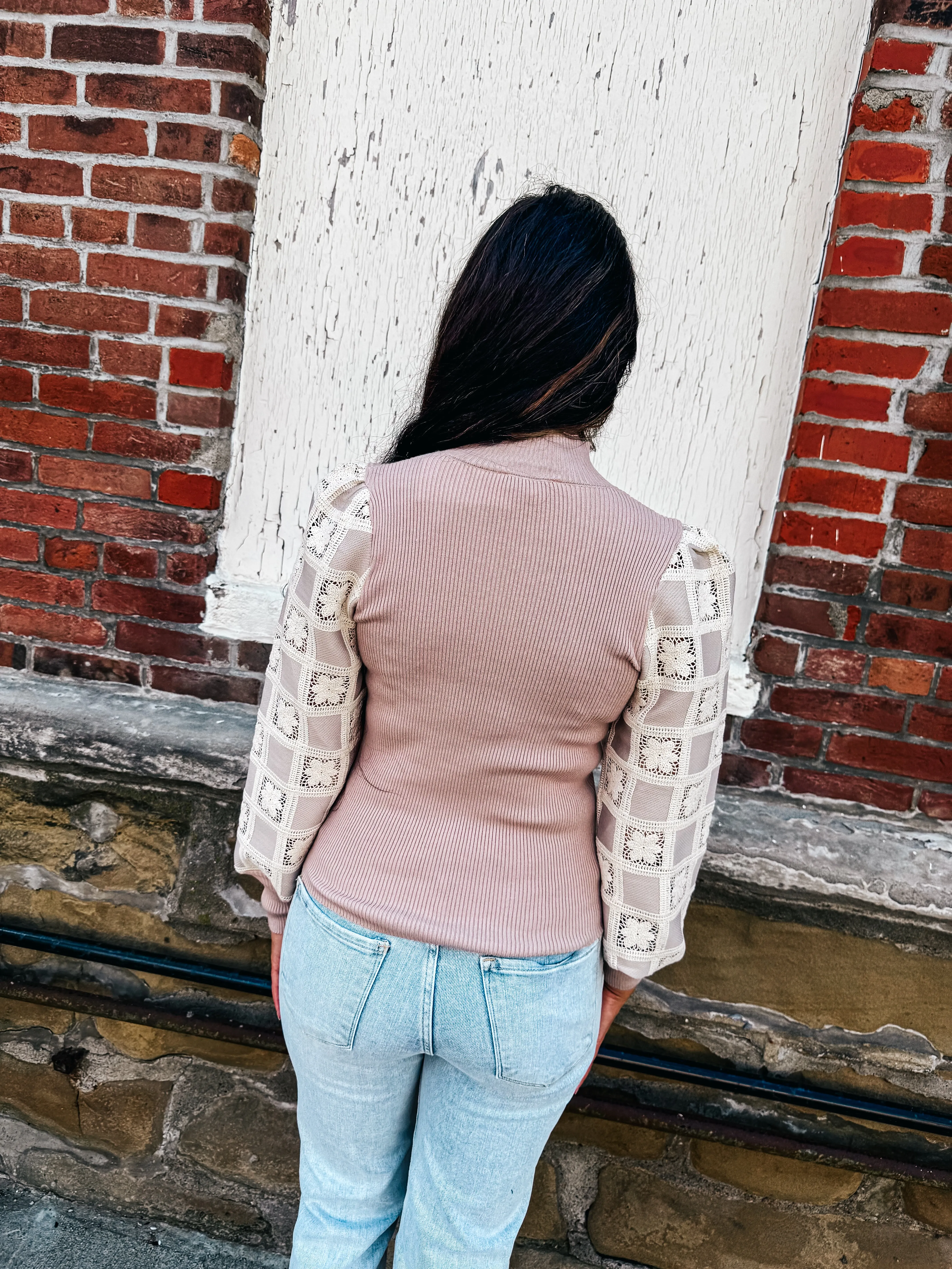 Claudia-Mock Neck Sweater With Crochet Sleeve