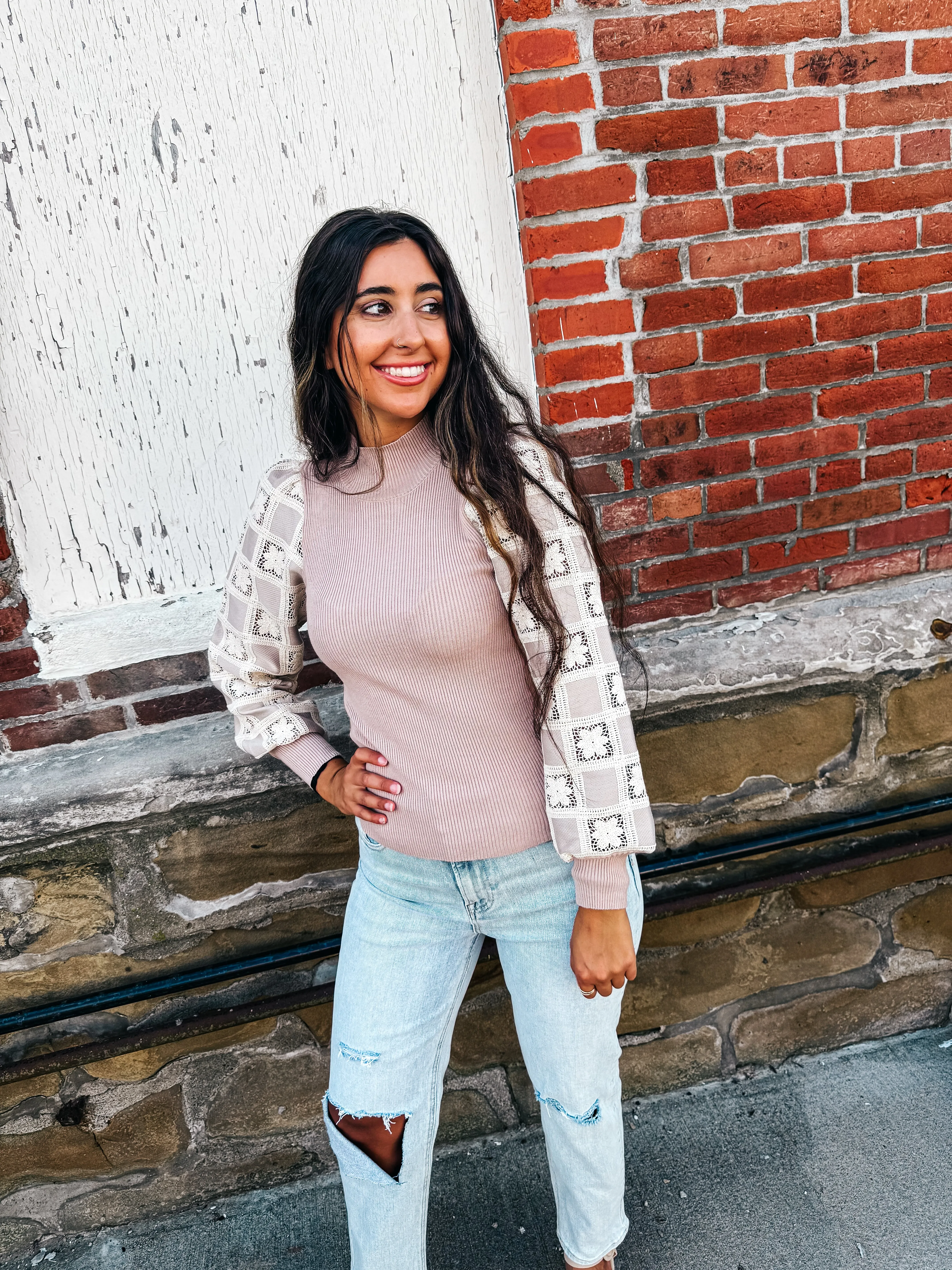 Claudia-Mock Neck Sweater With Crochet Sleeve