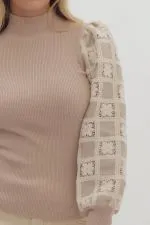 Claudia-Mock Neck Sweater With Crochet Sleeve