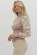 Claudia-Mock Neck Sweater With Crochet Sleeve