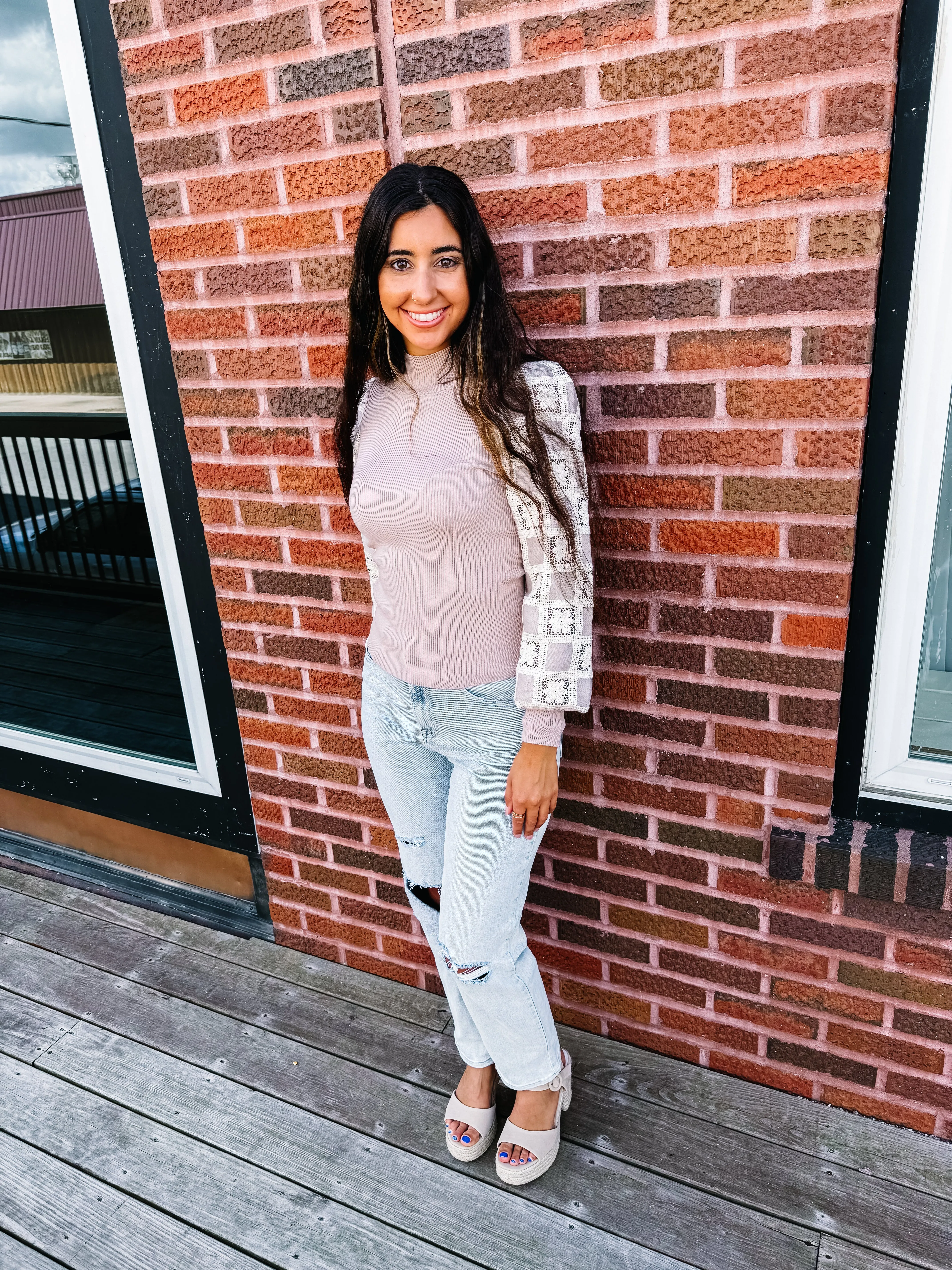 Claudia-Mock Neck Sweater With Crochet Sleeve