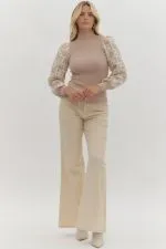 Claudia-Mock Neck Sweater With Crochet Sleeve
