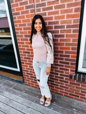 Claudia-Mock Neck Sweater With Crochet Sleeve