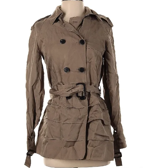 CLUB MONACO Trench Coat Womens XS Double Breasted Belted Ruffle Taupe