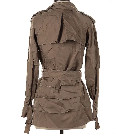 CLUB MONACO Trench Coat Womens XS Double Breasted Belted Ruffle Taupe