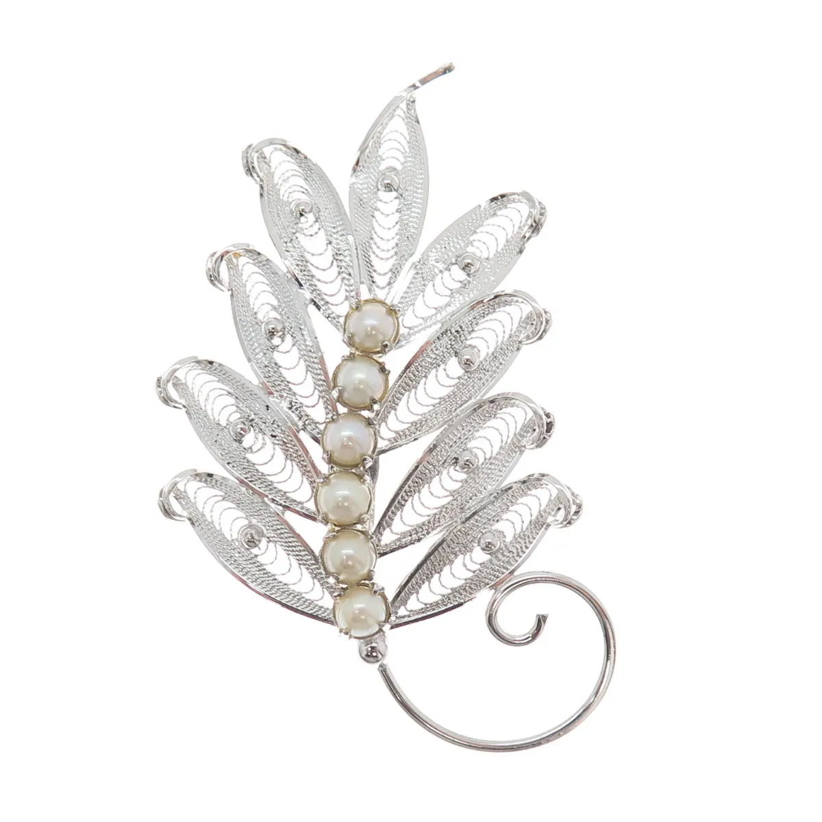 COLEMAN CO. 925 Sterling Silver Vintage Real Pearl Filigree Floral Pin Brooch