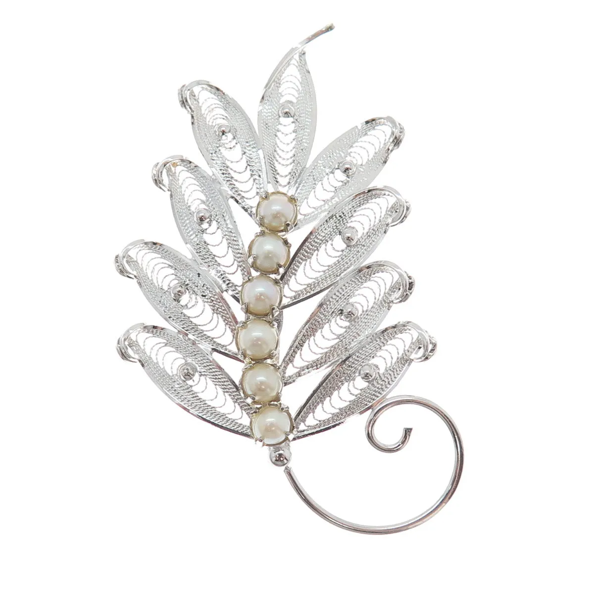 COLEMAN CO. 925 Sterling Silver Vintage Real Pearl Filigree Floral Pin Brooch
