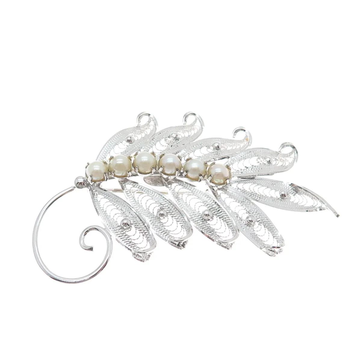COLEMAN CO. 925 Sterling Silver Vintage Real Pearl Filigree Floral Pin Brooch