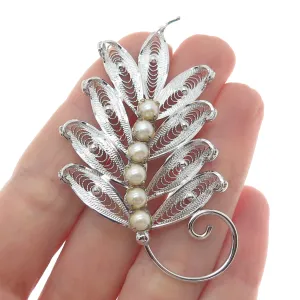 COLEMAN CO. 925 Sterling Silver Vintage Real Pearl Filigree Floral Pin Brooch