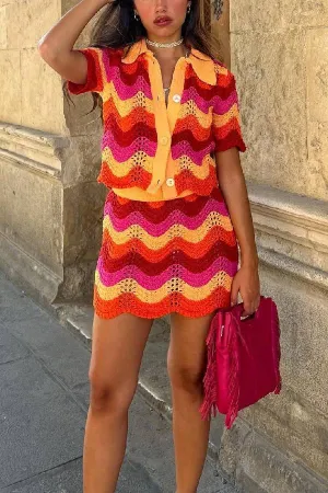 Color Block Crochet Knit Short Sleeve Top