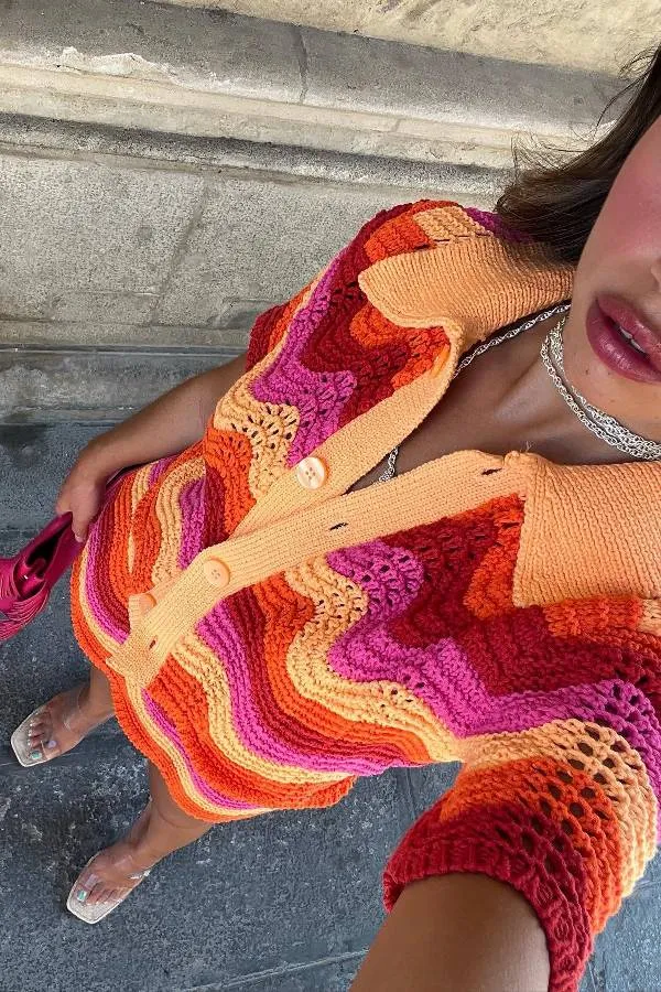 Color Block Crochet Knit Short Sleeve Top
