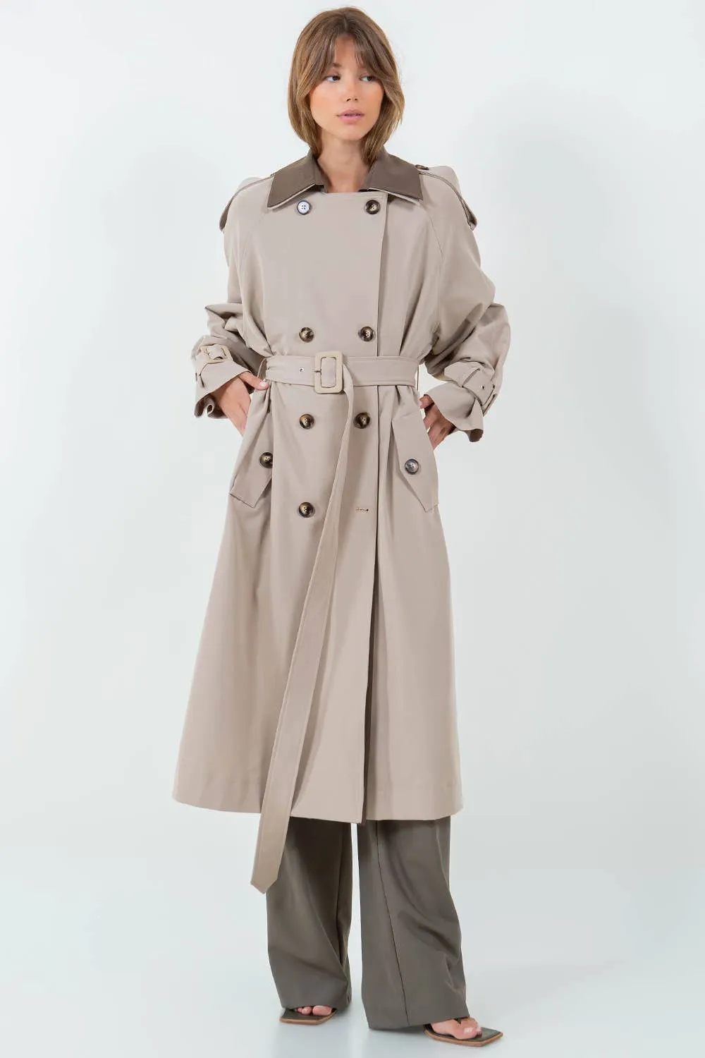 CONTRAST DOUBLE BREASTED TRENCH COAT