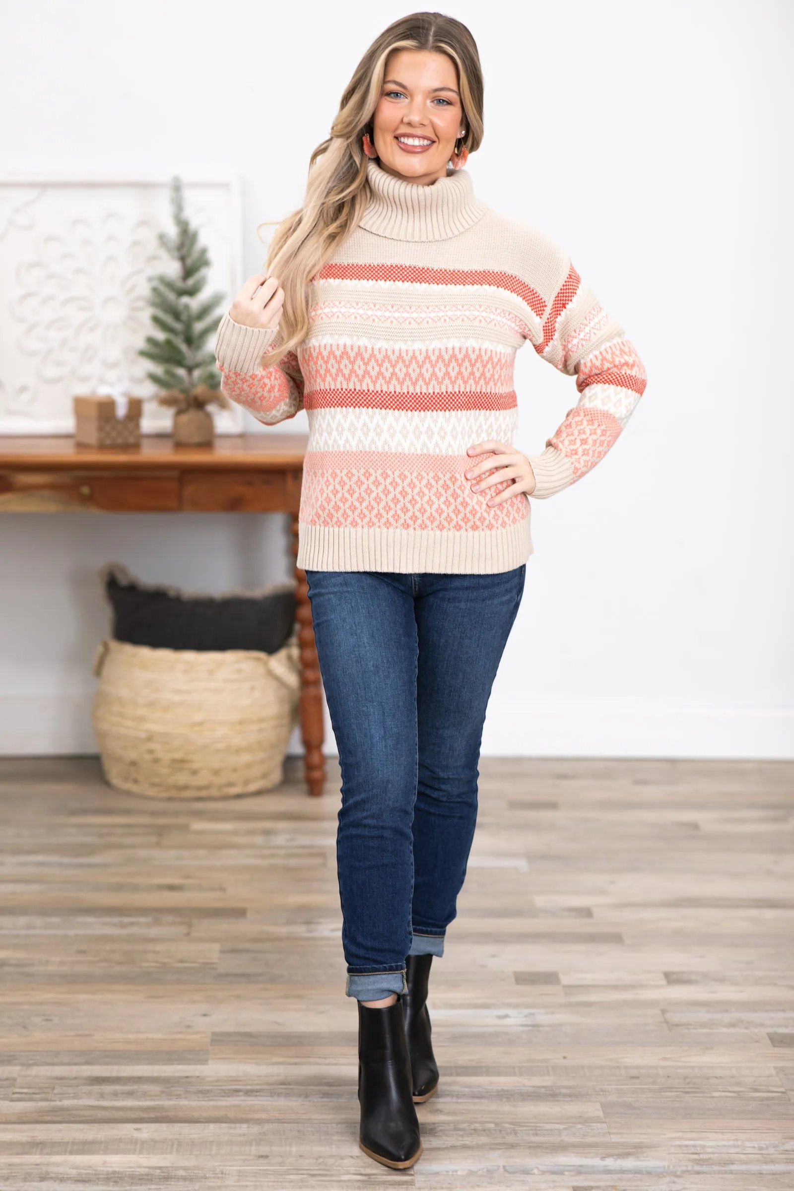 Coral and Tan Stripe Aztec Print Sweater