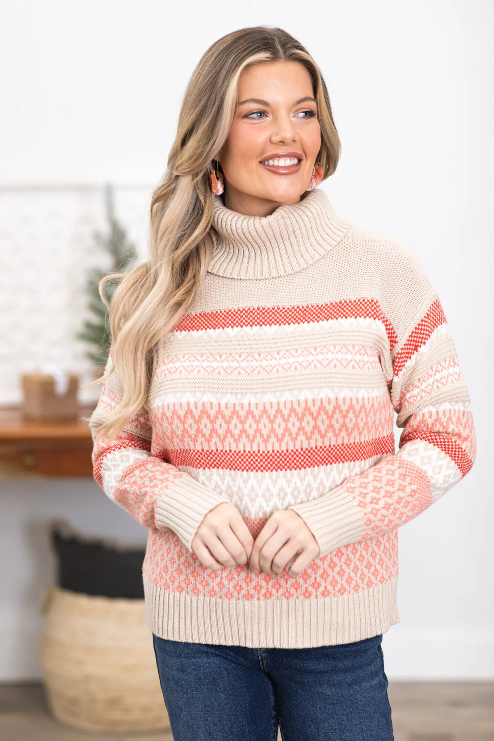 Coral and Tan Stripe Aztec Print Sweater