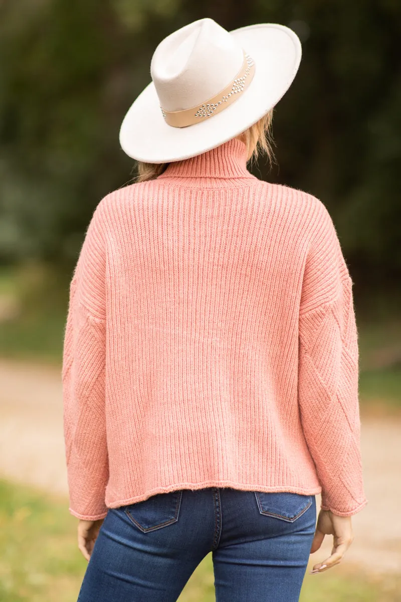 Coral Diamond Texture Turtleneck Sweater