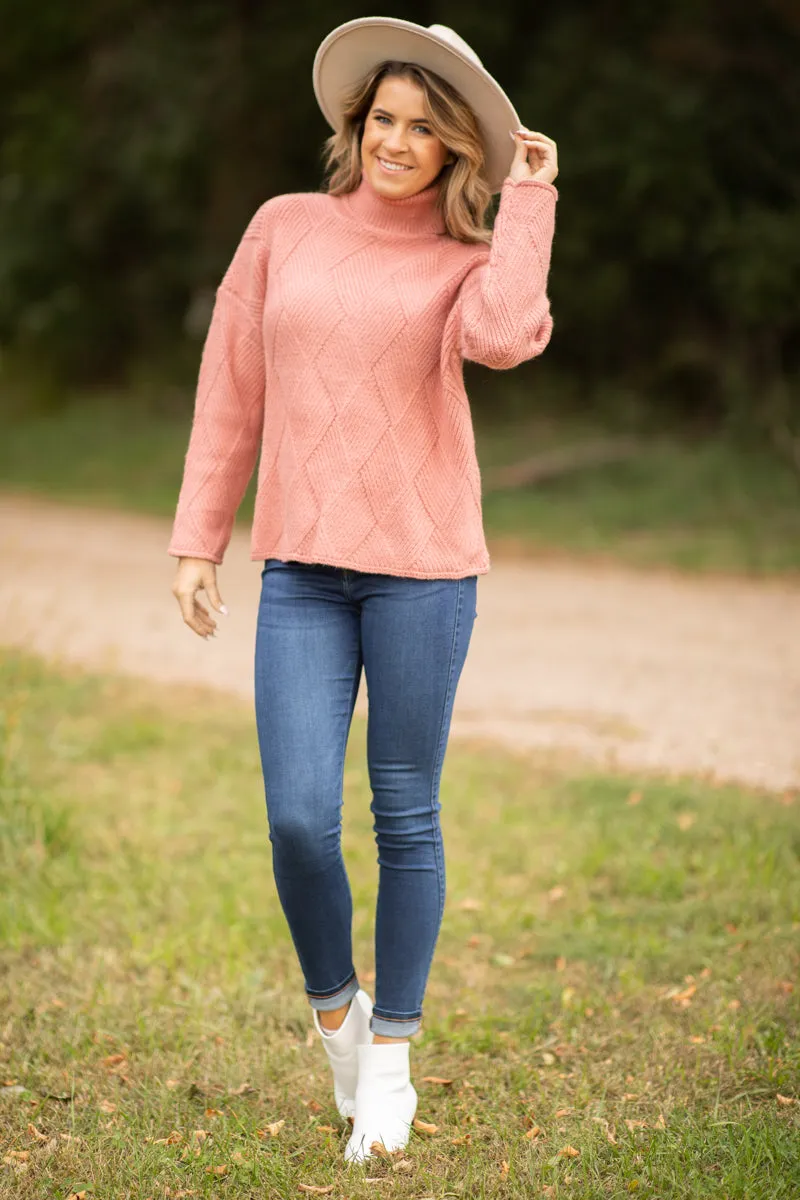 Coral Diamond Texture Turtleneck Sweater
