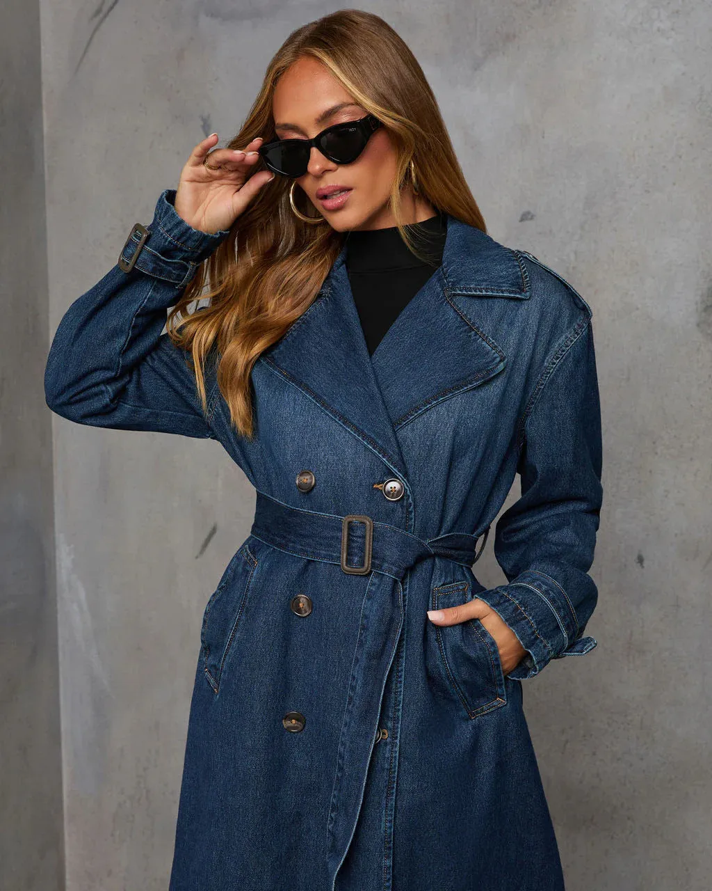 CORALIE - Double-Breasted Denim Trench Coat