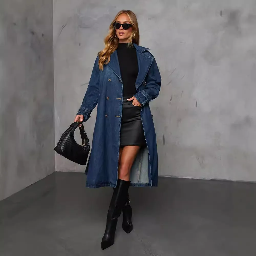 CORALIE - Double-Breasted Denim Trench Coat