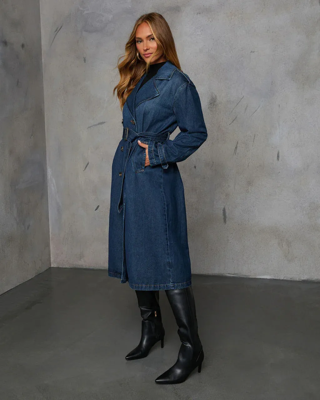 CORALIE - Double-Breasted Denim Trench Coat