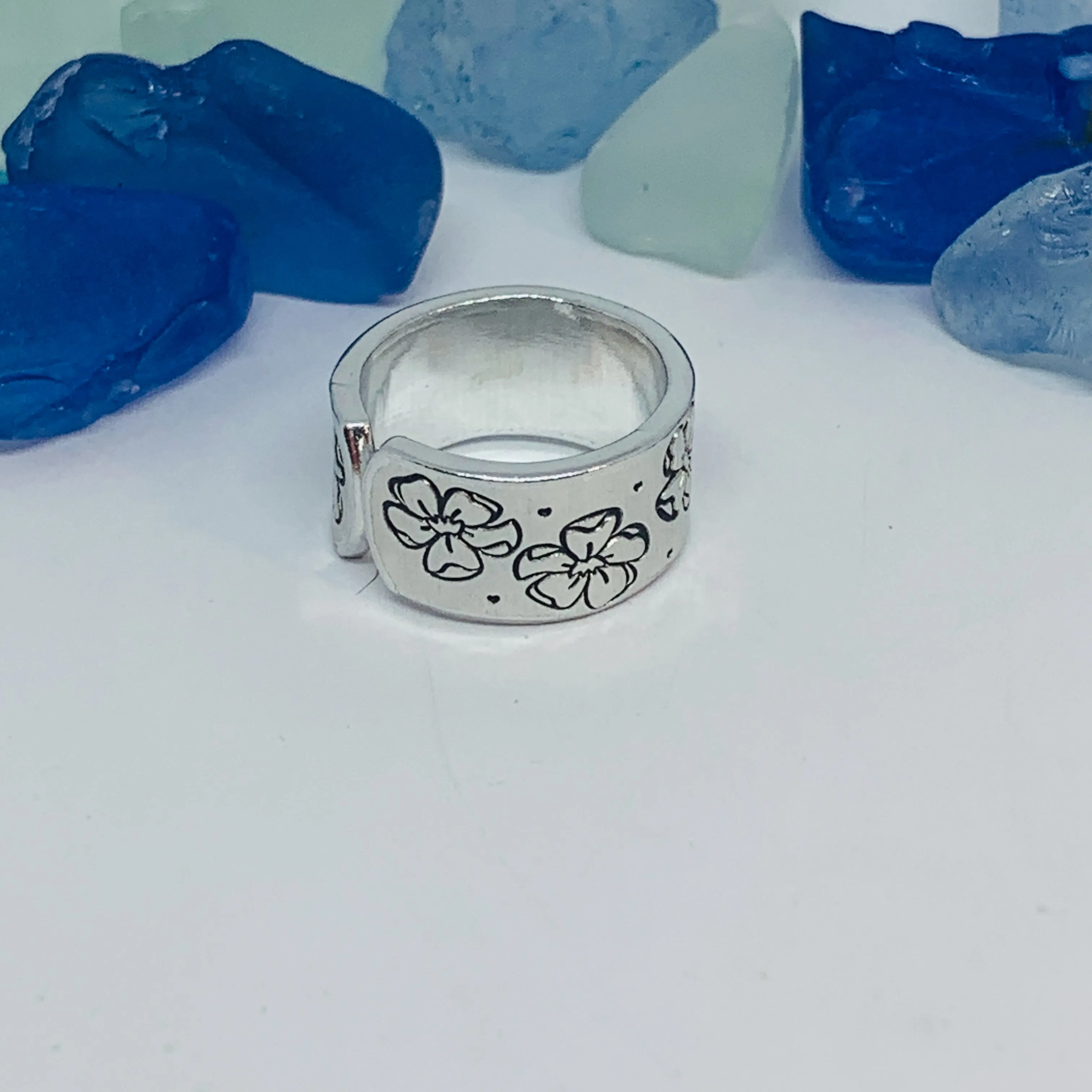 Cosmos Flowers Hand Stamped Ring | October Birth Flower Ring | Stamped Metal Cuff Ring | Adjustable Ring with Flowers | Gift for Her