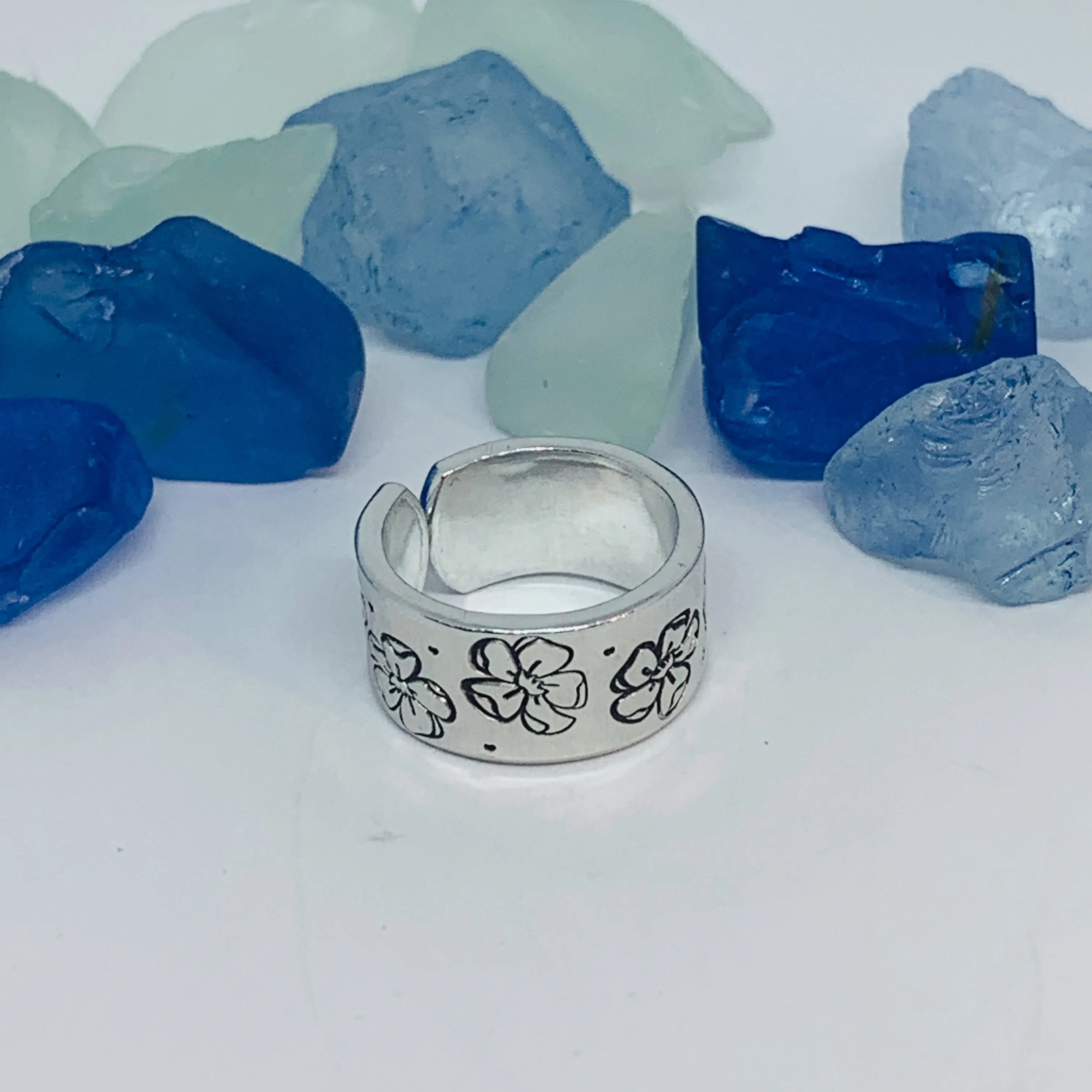 Cosmos Flowers Hand Stamped Ring | October Birth Flower Ring | Stamped Metal Cuff Ring | Adjustable Ring with Flowers | Gift for Her