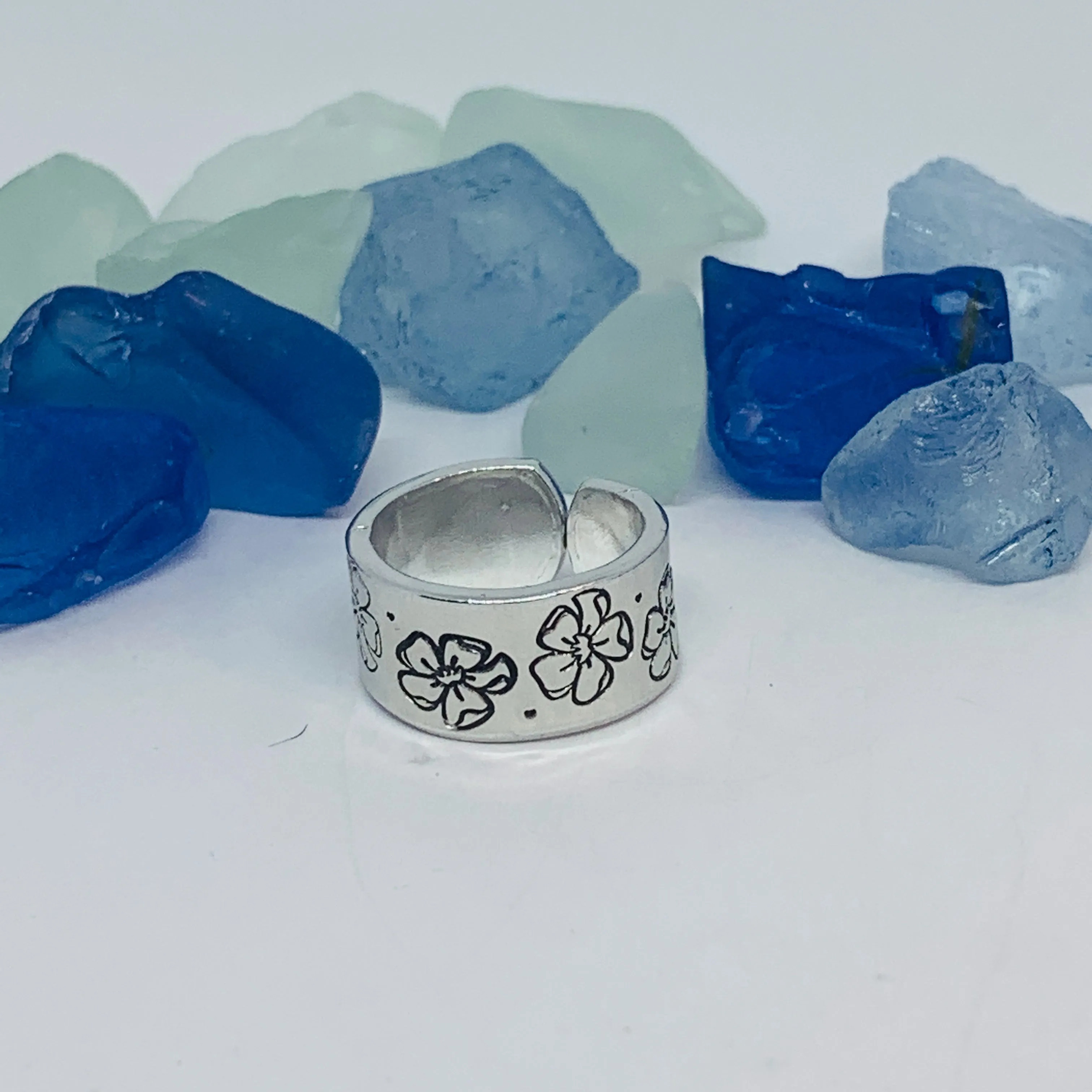 Cosmos Flowers Hand Stamped Ring | October Birth Flower Ring | Stamped Metal Cuff Ring | Adjustable Ring with Flowers | Gift for Her