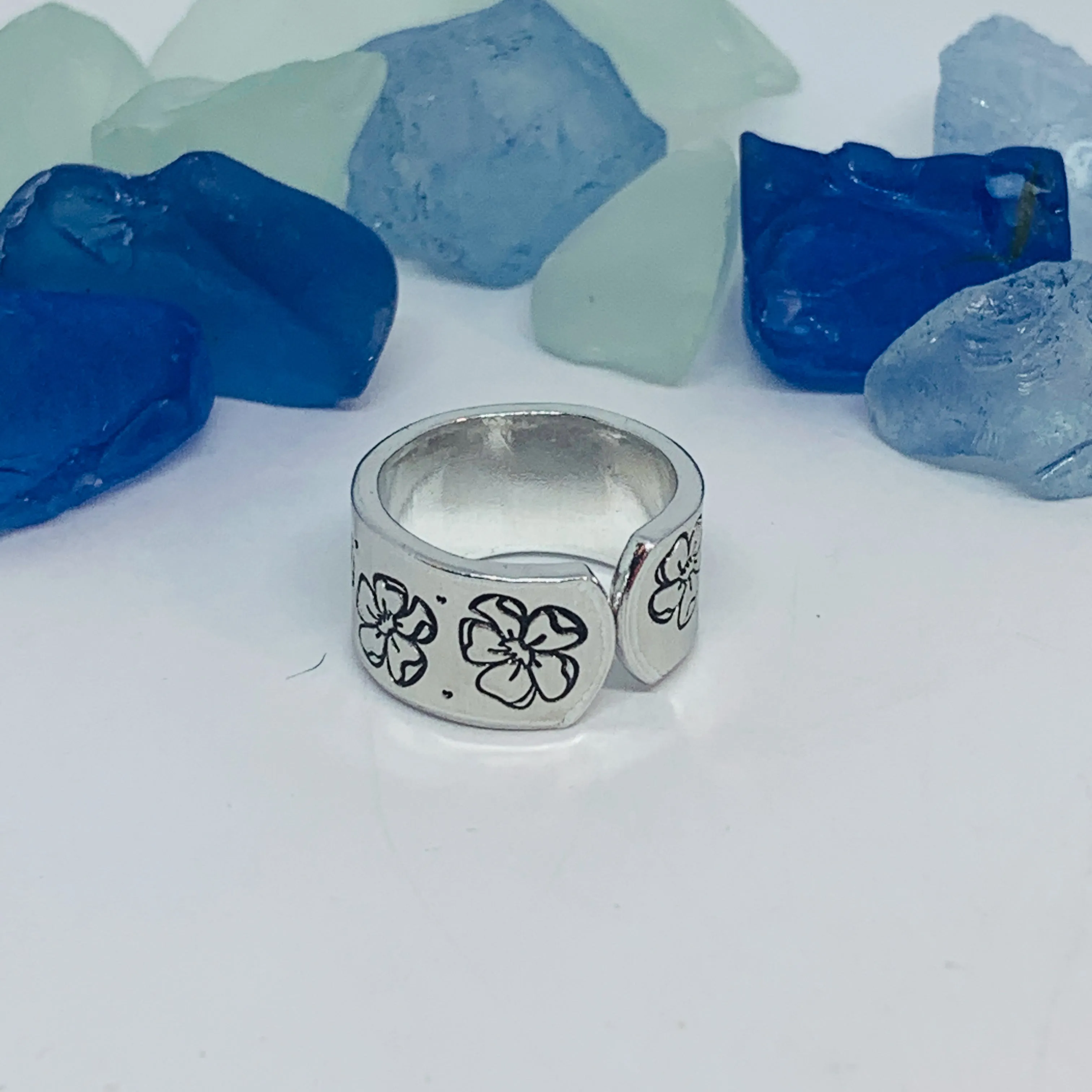 Cosmos Flowers Hand Stamped Ring | October Birth Flower Ring | Stamped Metal Cuff Ring | Adjustable Ring with Flowers | Gift for Her