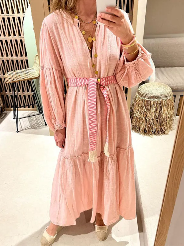 Cotton Linen Tunic with Lantern Sleeves - Boho Maxi Dress