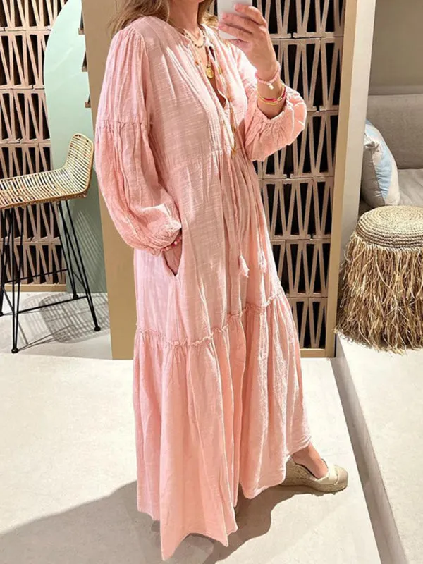 Cotton Linen Tunic with Lantern Sleeves - Boho Maxi Dress