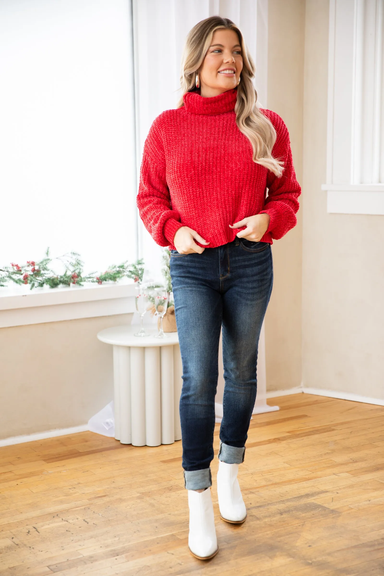 Crimson Chenille Turtleneck Sweater