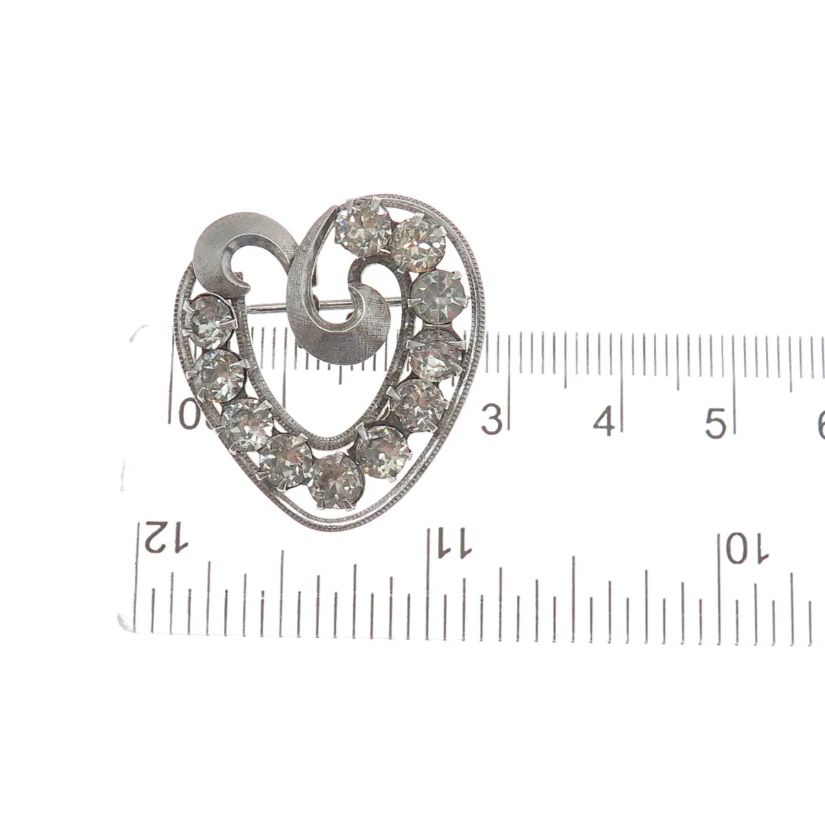 CURTIS CURTMAN 925 Sterling Silver Antique Art Deco Rhinestone Heart Pin Brooch
