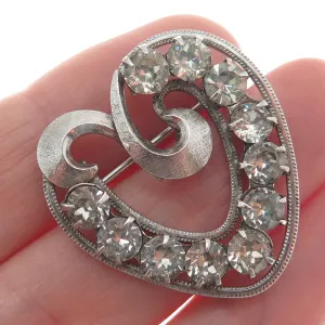 CURTIS CURTMAN 925 Sterling Silver Antique Art Deco Rhinestone Heart Pin Brooch