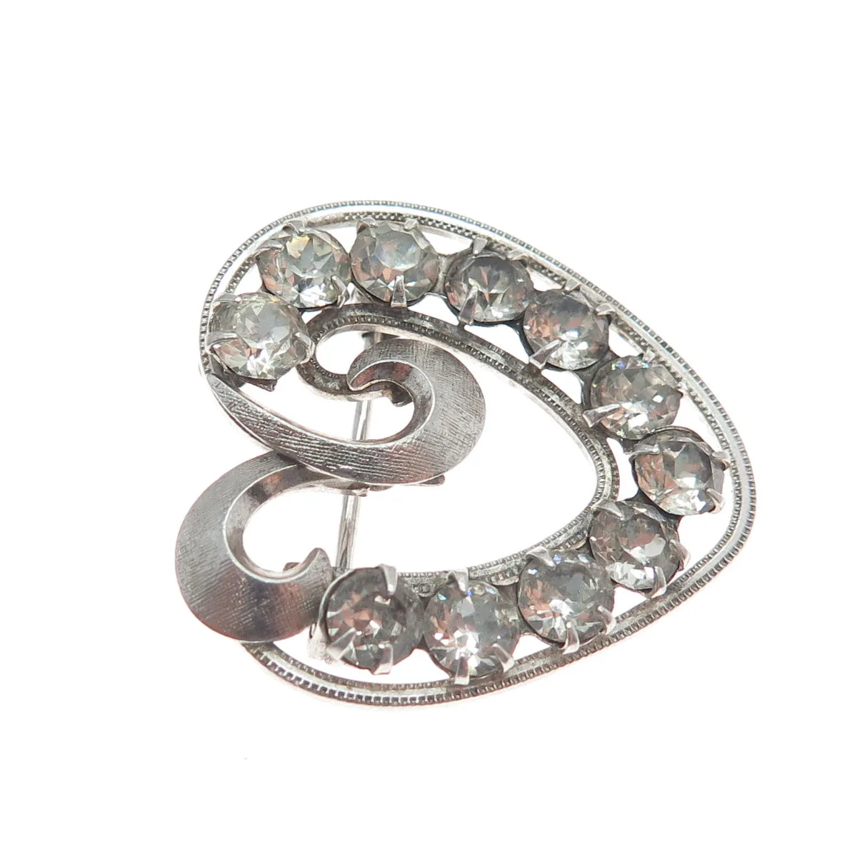 CURTIS CURTMAN 925 Sterling Silver Antique Art Deco Rhinestone Heart Pin Brooch