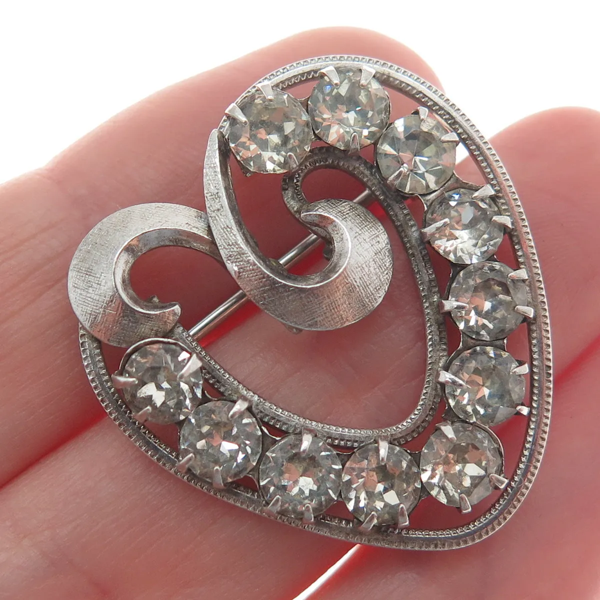 CURTIS CURTMAN 925 Sterling Silver Antique Art Deco Rhinestone Heart Pin Brooch