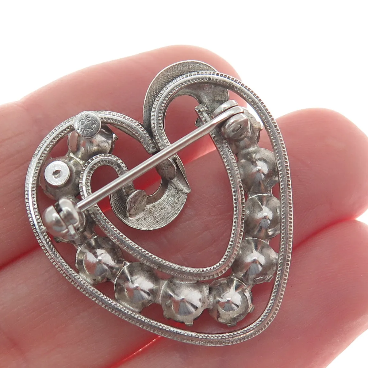 CURTIS CURTMAN 925 Sterling Silver Antique Art Deco Rhinestone Heart Pin Brooch