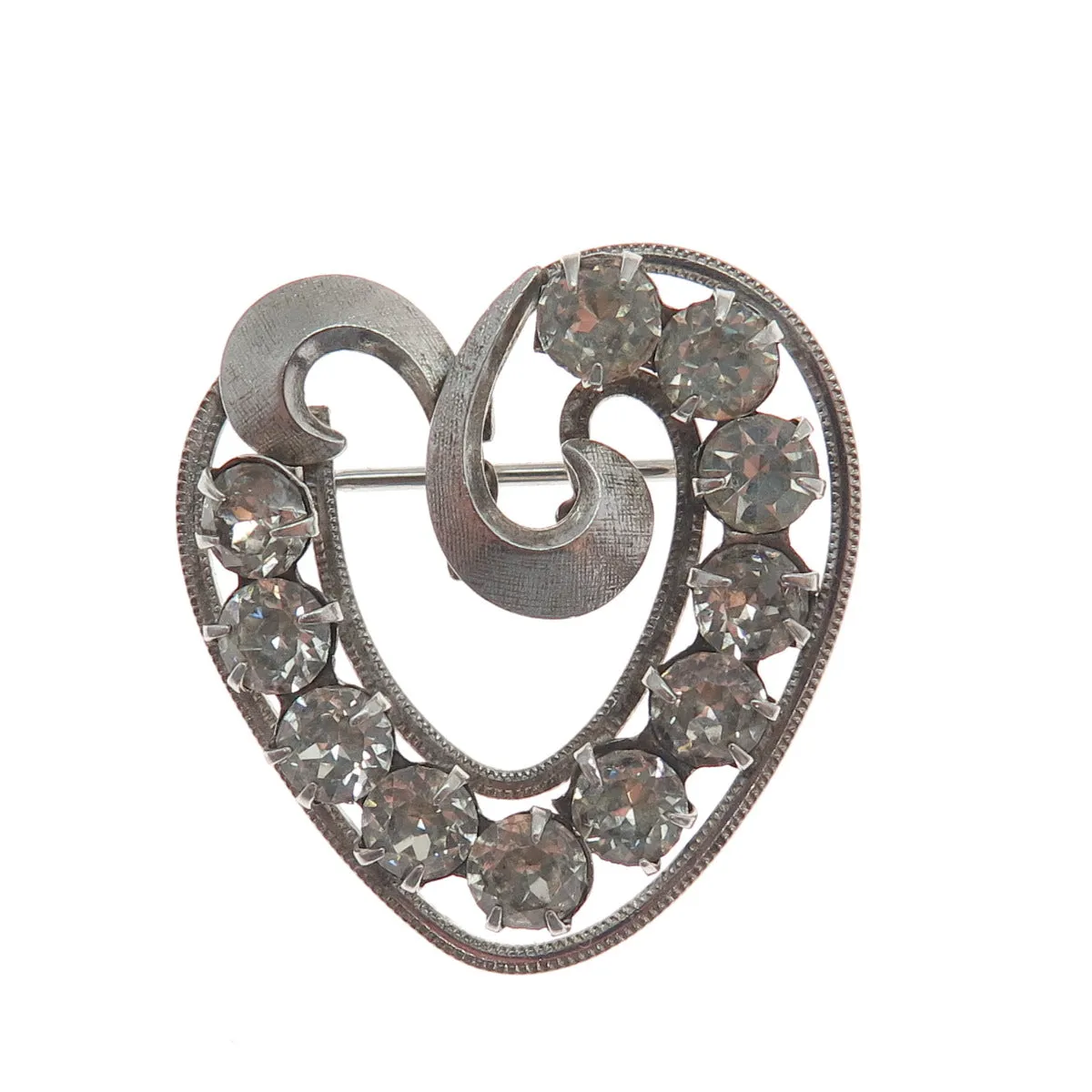CURTIS CURTMAN 925 Sterling Silver Antique Art Deco Rhinestone Heart Pin Brooch
