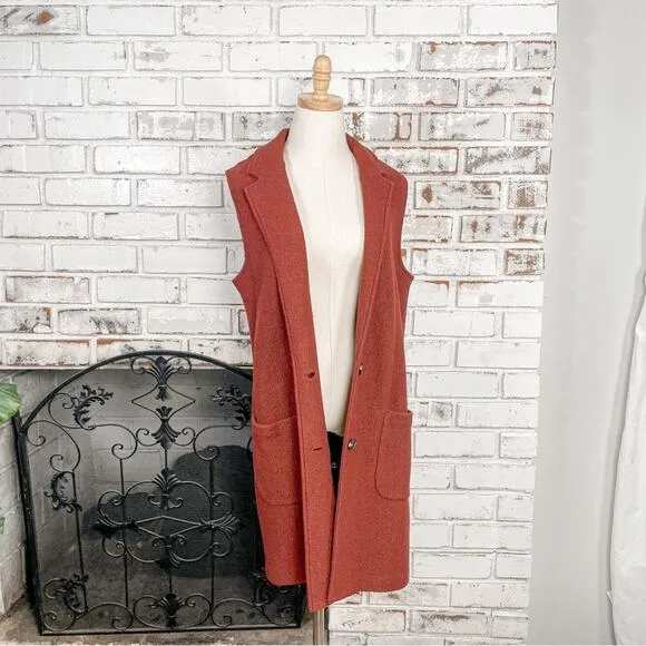 Cynthia Rowley Rust Burnt Orange Wool Blend Longline Duster Trench Vest M