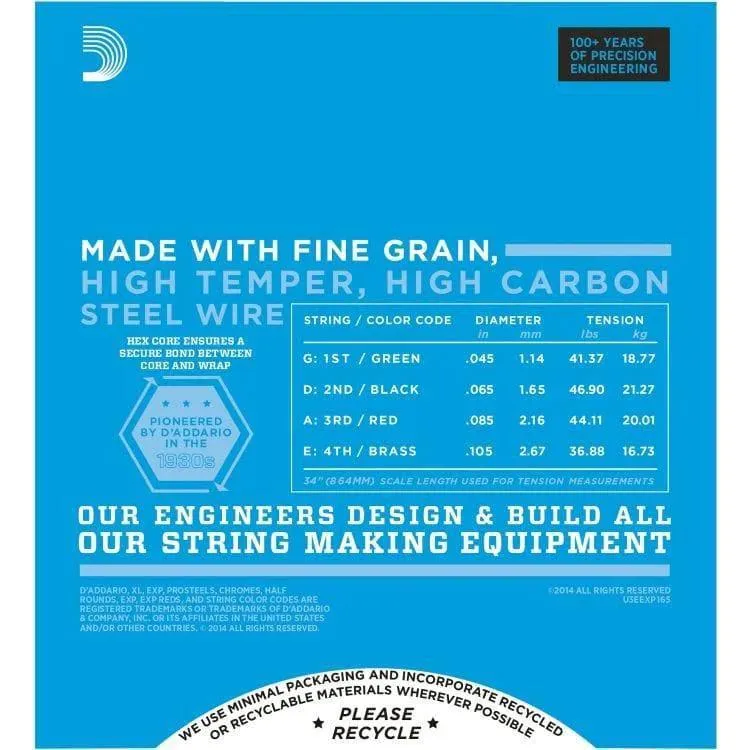 D'Addario EXP165 Set of 4 String Bass Coated Nickel 45 - 105 Gauge Long Scale